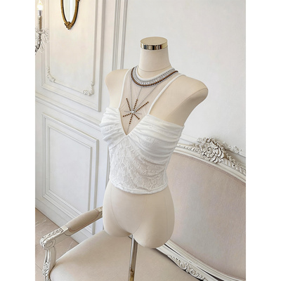 甜系小香风重工烫钻挂脖修身蕾丝无袖上衣女显瘦时尚夏季百搭背心