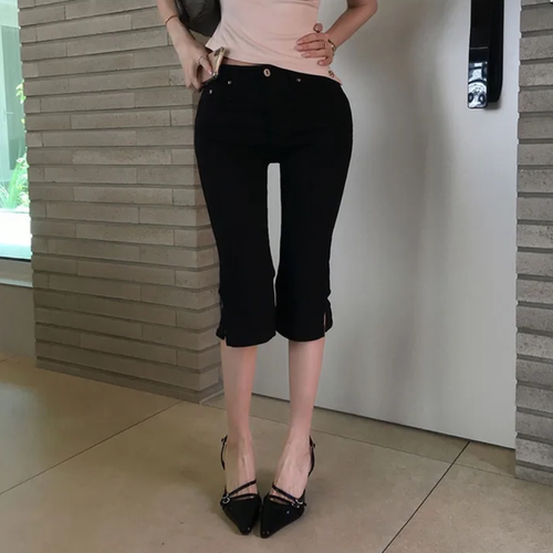 网红卡普里裤韩版高腰弹力七分裤女夏季侧开叉修身牛仔裤气质休闲