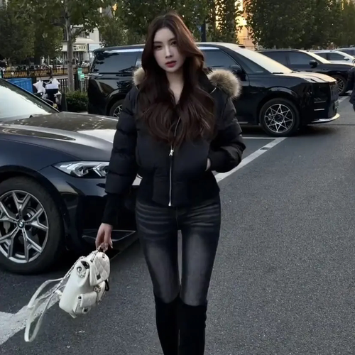 韩系丰胯小脚裤牛仔裤女细腰抓毛保暖弹力高腰紧身显瘦磨白裤子冬