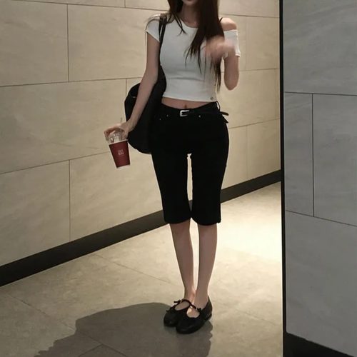 网红夏季卡普里裤修身牛仔裤女裤脚开叉七分裤口袋休闲弹力中裤潮
