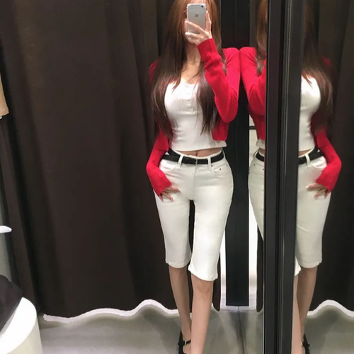 网红夏季时尚流行卡普里裤修身牛仔裤女裤脚开叉七分裤弹力中裤潮