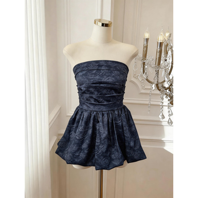 设计感蓝色暗纹抹胸夏季收腰显瘦辣妹花苞上衣女拼接时尚复古气质