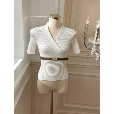 百搭纯欲显瘦性感收腰紧身螺纹交叉领上衣女名媛