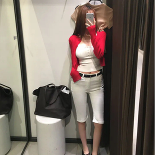 网红夏白色黑色卡普里裤修身牛仔裤女裤脚开叉七分裤休闲弹力中裤