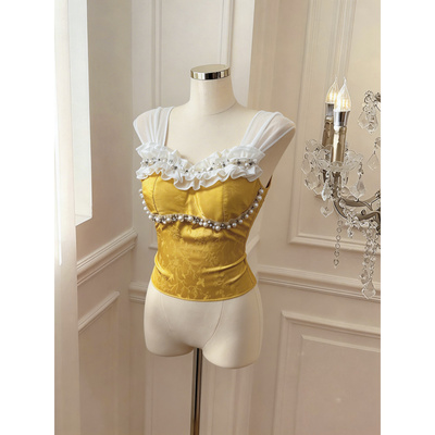 新款甜美钉珠荷叶花边网纱肩带胸垫吊带背心女女装蓝色短款吊带