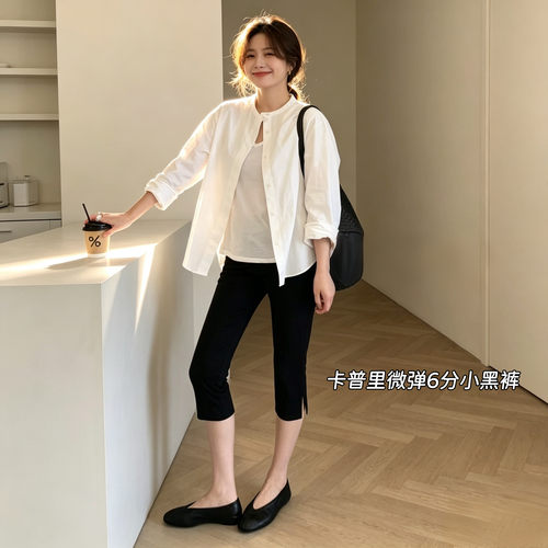 卡普里裤弹力百搭中裤夏季百搭设计感侧开叉六分裤紧身显瘦休闲裤