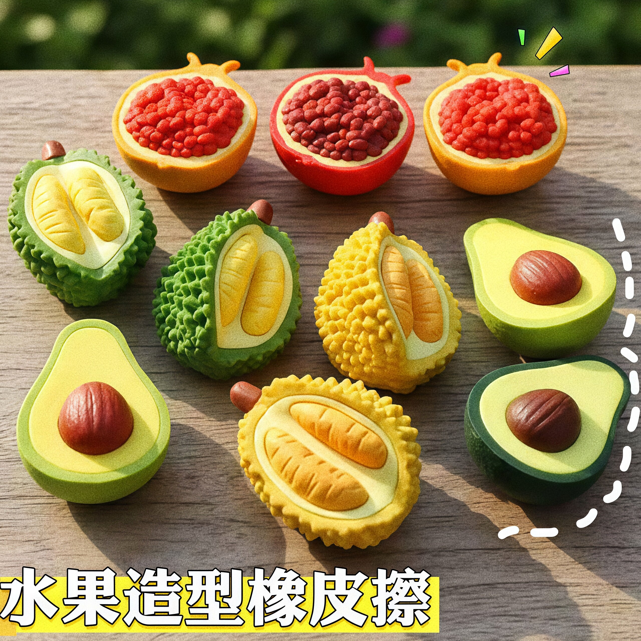 儿童创意仿真水果橡皮擦3D榴莲山竹石榴牛油果擦字干净小学生奖品