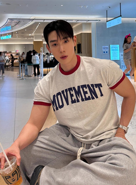 韩国男装代购减龄撞色圆领MOVEMENT印花设计夏纯棉短袖T恤-TS4243
