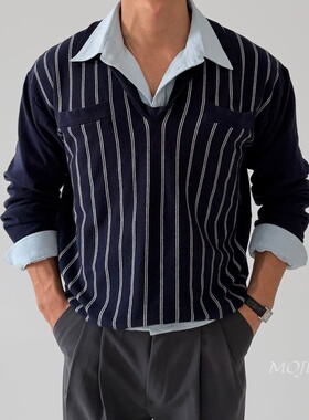 韩国代购男装轻奢绿洲条纹拼接翻领针织上衣宽松廓形春毛衣CD2256