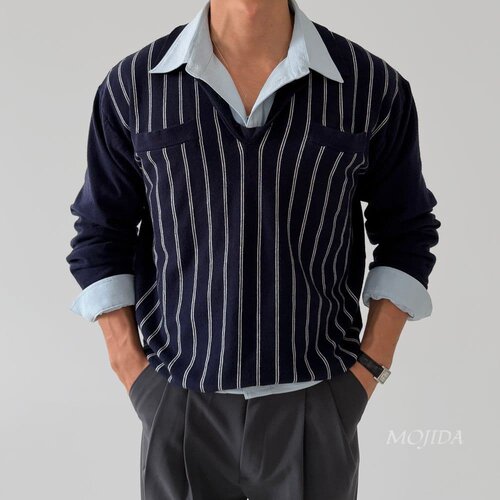 韩国代购男装轻奢绿洲条纹拼接翻领针织上衣宽松廓形春毛衣CD2256