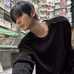 韩国东大门代购 设计感双肩暗扣休闲中性款 春季 T恤bCD2278 宽松长袖