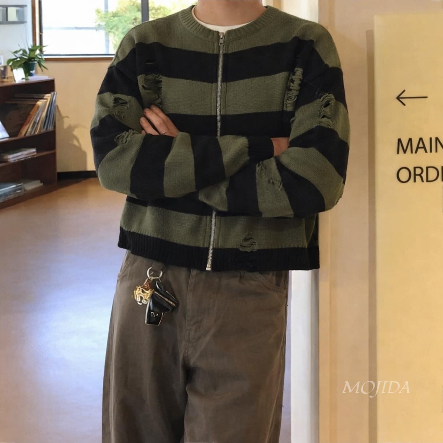 韩国东大门代购高街潮流复古条纹设计破洞针织开衫男女同款CD2242