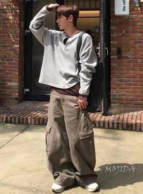 韩国男装代购复古水洗重工弧形拼接工装小众阔腿气球休闲裤PT3650