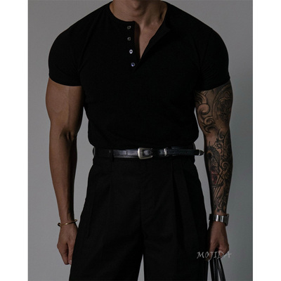 韩国男装代购GC家高品20支纯棉亨利领轻熟亲肤修身短袖T恤-TS4184