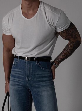 魔吉达韩国MILLER莫代尔棉弹力窄边U领重工肩线高品短袖T恤TS4001