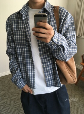 韩国代购男装长袖衬衫小众小格纹美式复古宽松短款衬衣休闲SH2500