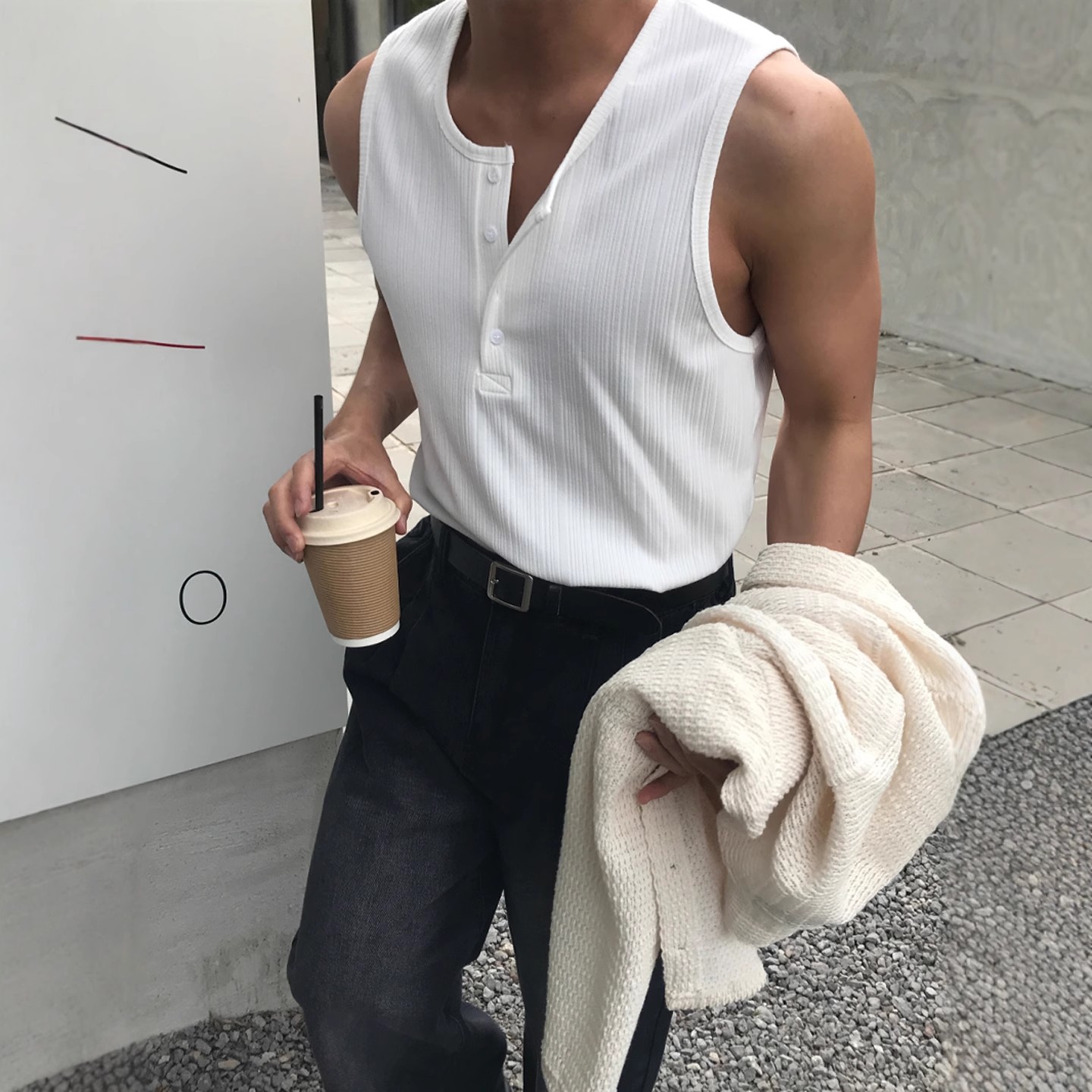 魔吉达韩国男装GC家螺纹坑条弹力修身背心亨利领无袖T恤潮-TS4093
