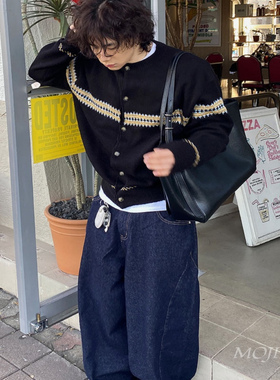 韩国代购男装针织开衫外套圆领几何条纹北欧风宽松毛衣休闲CD2024