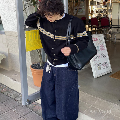 韩国代购男装针织开衫外套圆领几何条纹北欧风宽松毛衣休闲CD2024