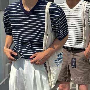 韩国代购东大门男装LOGAN夏季V领条纹针织短袖T恤小众气质TS5815