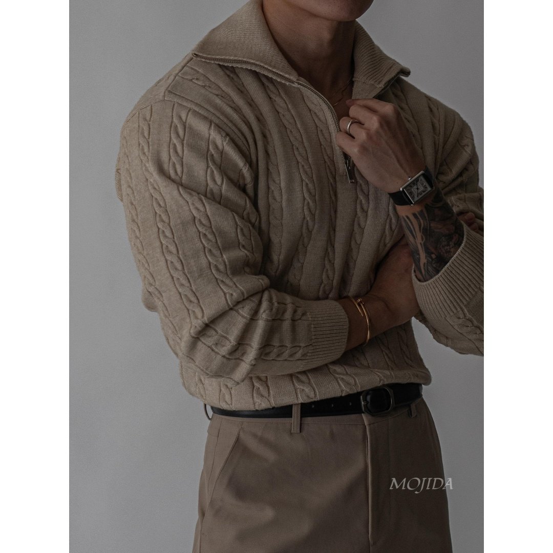 韩国代购男装针织衫麻花纹理可翻立领半开拉链套头毛衣落肩CD2141