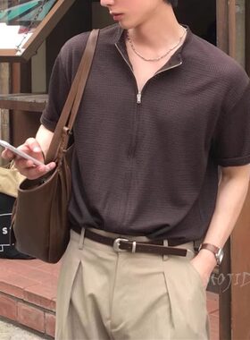 韩国东大门男装代购薄款天丝混纺立体纹理拉链短袖开衫T恤-CD1638