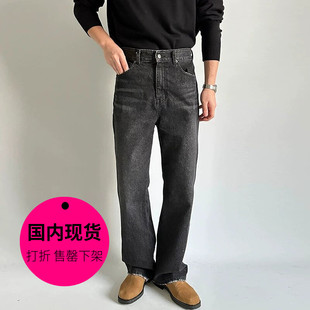 【特价现货】韩国东大门男装水洗磨白黑灰宽松直筒牛仔裤男PT2169