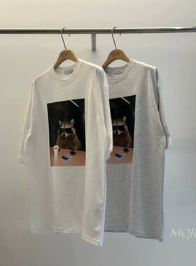 韩国东大门代购时尚减龄可爱浣熊印花短袖T恤衫男女同款b-TS5775