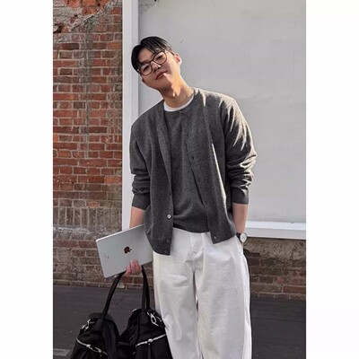 韩国东大门代购DEEF高品春季假两件简约纽扣针织开衫男外套CD2279