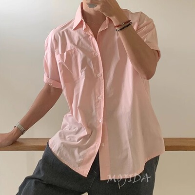 魔吉达韩国代购男装夏季薄款简约纯色百搭单口袋短袖衬衫男SH2082