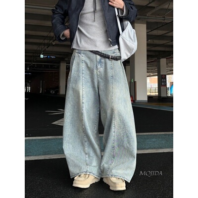 韩国东大门男装代购26春复古水洗OOTD曲线阔腿直筒牛仔裤男PT4196