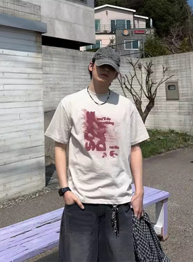 韩国代购东大门男女高街潮流个性模糊印花宽松休闲短袖T恤TS5400