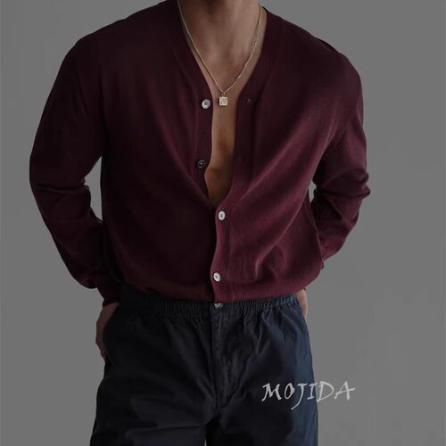 魔吉达韩国代购男装高品夏季薄款亚麻V领防晒长袖T针织开衫CD1613