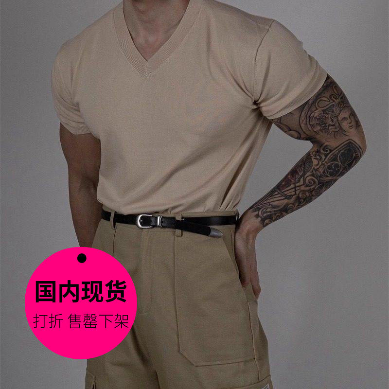 【特价现货】米色XL/韩国东大门男装V领棉麻针织短袖T恤男-TS2185