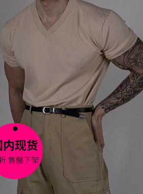 【特价现货】米色XL/韩国东大门男装V领棉麻针织短袖T恤男-TS2185