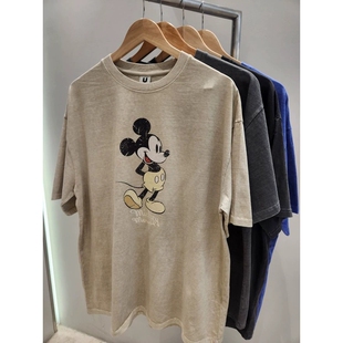 魔吉达韩国代购 迪斯尼米奇卡通做花水洗色宽松短袖 T恤 TS4012 男装