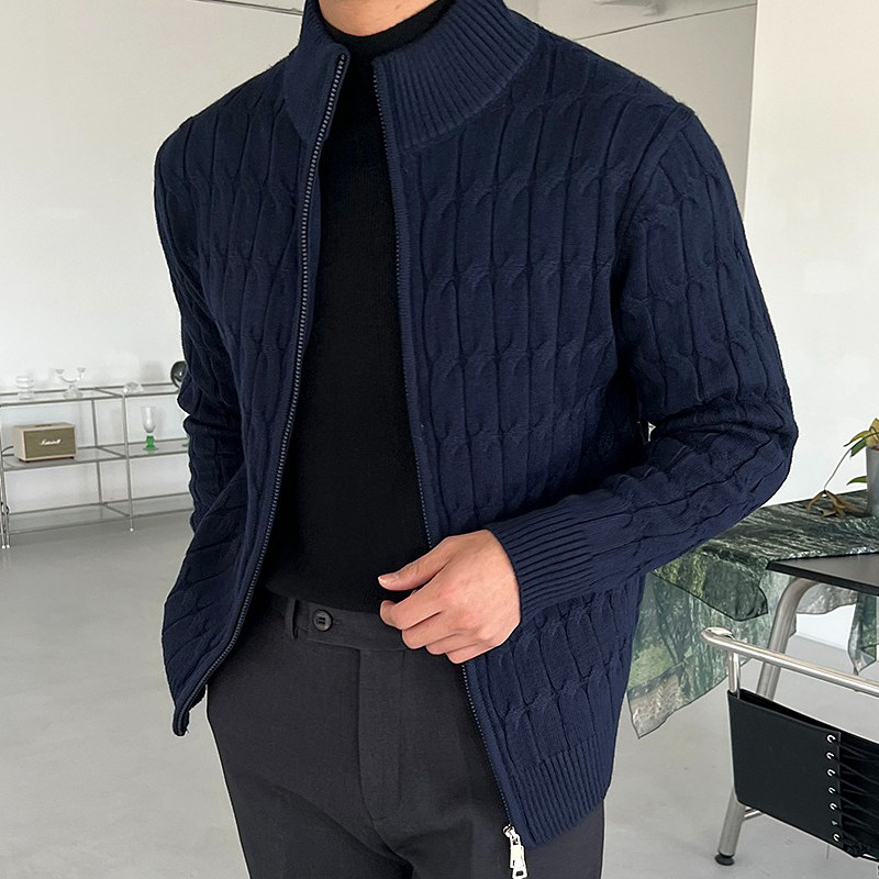 春秋新款韩国男装代购麻花拉链立领螺纹针织开衫毛衣外套男-CD736