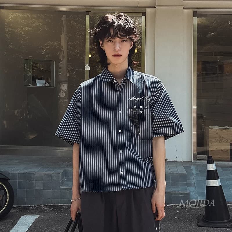 韩国东大门代购夏季高街潮流复古条纹宽松休闲短袖衬衫男bSH2516