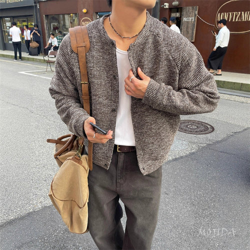 韩国男装代购RAYGUN圆领秋设计师混色针织开衫短款插肩外套JK4244