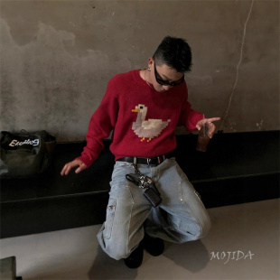 毛衣圆领立体感鸭子提花宽松男女CD1724 东大门针织衫 韩国代购 男装