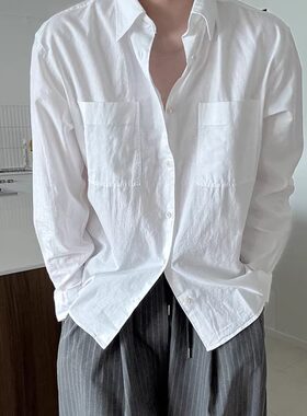 韩国男装代购LAINE口袋品牌棉麻轻熟气质宽松长袖衬衫-SH2203