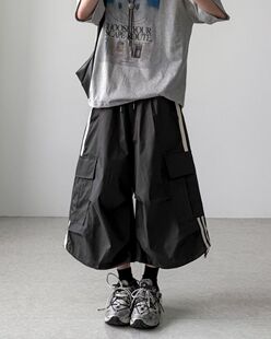 韩国代购东大门复古工装风口袋阔腿七分裤男女款休闲七分裤PT4560