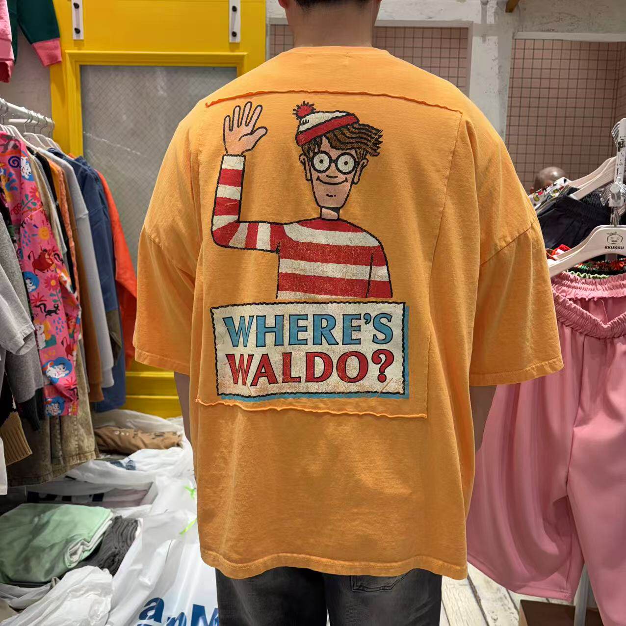 韩国代购大码男装东大门短袖T恤卡通图案圆领阔版五分袖男-TS4219