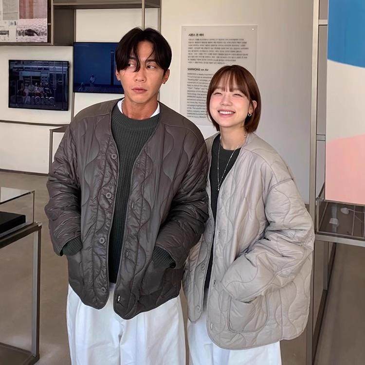 韩国东大门男装时尚复古波浪绗线V领休闲轻便棉服外套男女-JK3933