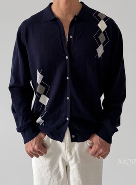 韩国代购男装绿洲菱格提花翻领针织开衫学院复古气质外套CD2255