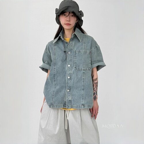 韩国代购东大门男女单袋复古水洗拼接重工宽松牛仔短袖衬衫SH2608