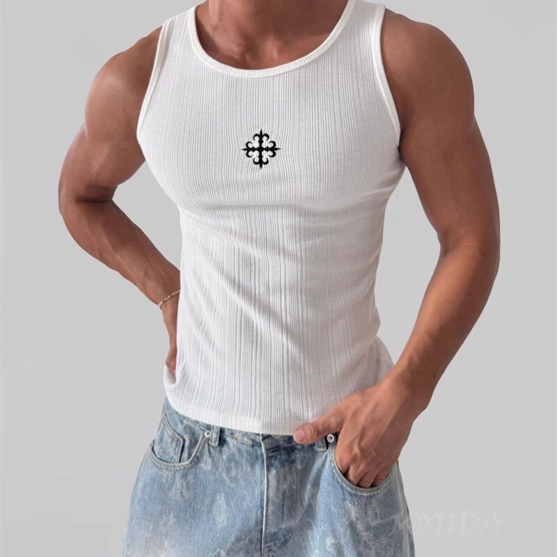韩国东大门男装代购弹力修身竖条纹理感运动休闲打底背心男TS4404