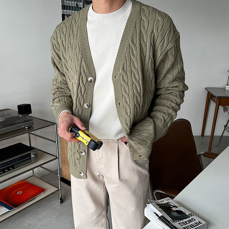 春秋新款韩国男装代购纯色麻花纹V领宽松休闲针织开衫外套男CD523