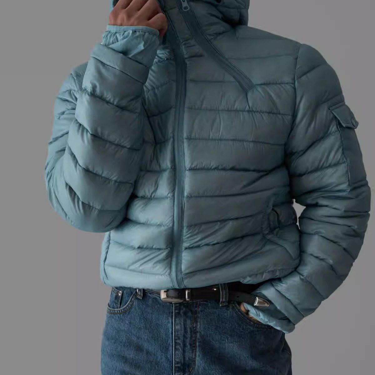 韩国男装代购格子暗纹时尚拉链抽绳连帽轻量羽绒服夹克外套