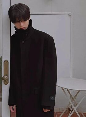 韩国男装代购高品翻领韩系经典简约宽松长款羊毛呢大衣外套JK4769